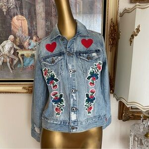 Lucky Brand The Tomboy Trucker Floral Hearts Denim Jacket